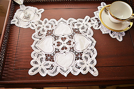 Happy Hearts Squae Battenburg Lace doilies.10x10in. 6pcs